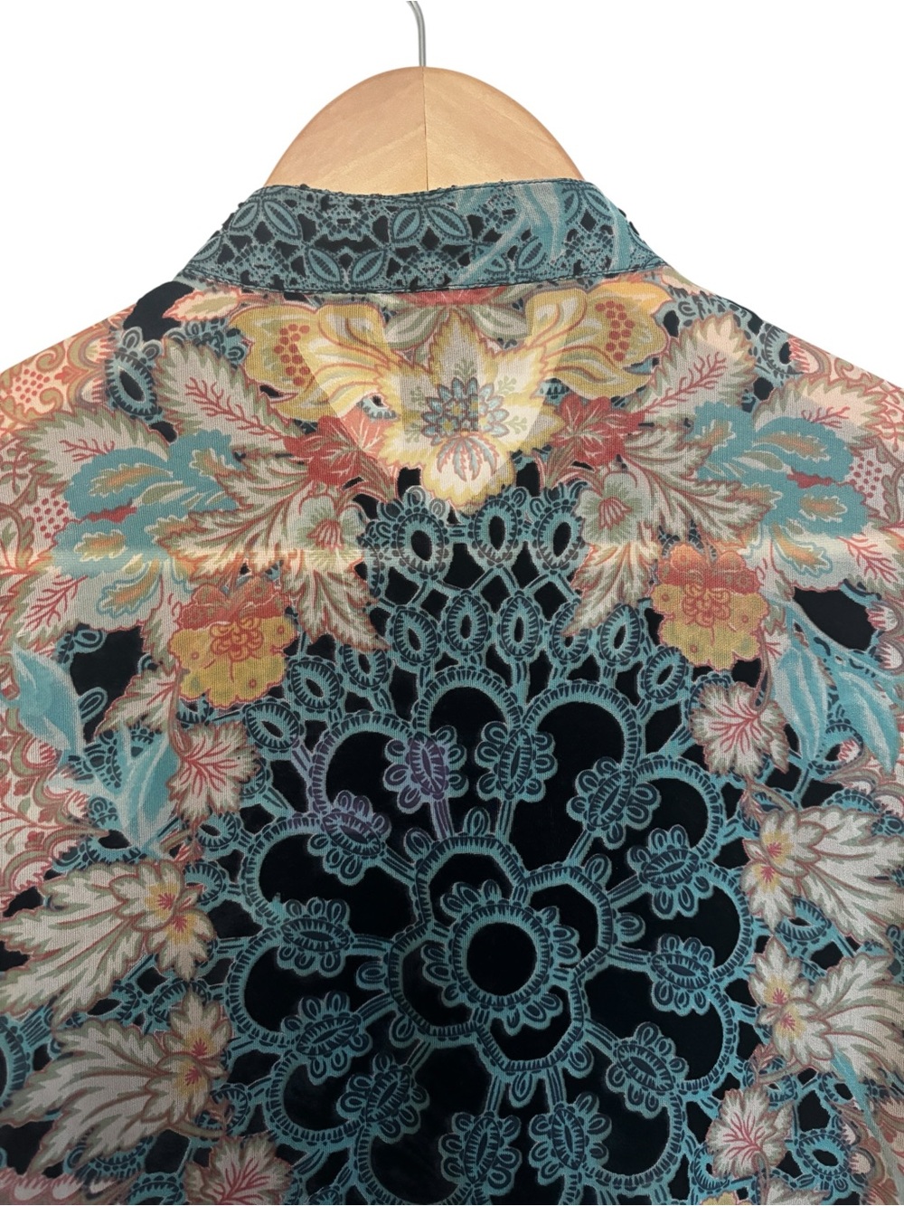 Citron Black Teal Burnout Velvet Silk Button Down Tunic Blouse Artsy Boho Size M - Picture 4 of 14